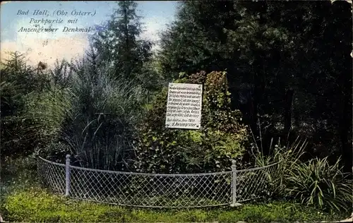 Ak Bad Hall Oberösterreich, Parkpartie, Anzengruber Denkmal