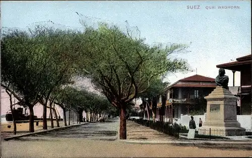 Ak Suez Ägypten, Quai Waghorn, Promenade am Hafen, Statue