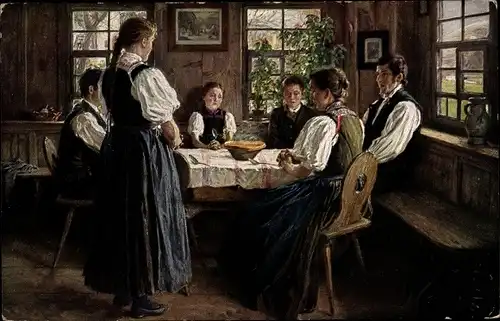 Künstler Ak Hasemann, W., Tischgebet, Familie, Gruppenbild