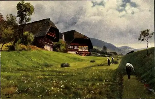 Künstler Ak Hoffmann, H., Schwarzwaldleben, Partie an der Schwarzwaldbahn, Bauern bei der Grasernte