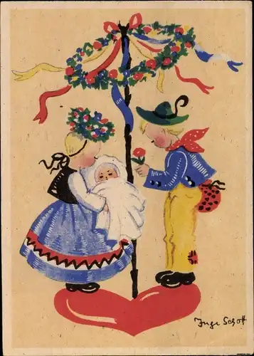 Künstler Ak Schott, Inge, Paar in bayrischen Trachten auf einem Herz, Baby