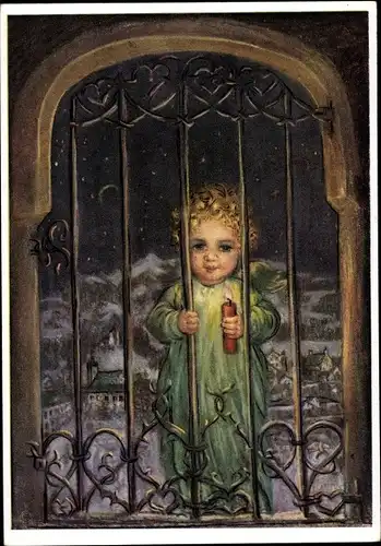 Künstler Ak Spötl, M., Lass mich doch ein, Engel mit Kerze am Tor