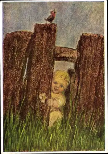 Künstler Ak Spötl, Maria, Guck in die Welt, Kind schaut durch kaputten Zaun