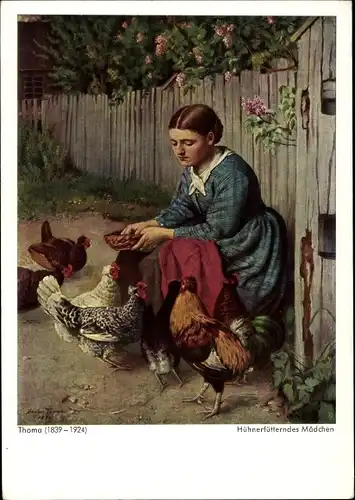 Künstler Ak Thoma, Hans, Hühnerfütterndes Mädchen