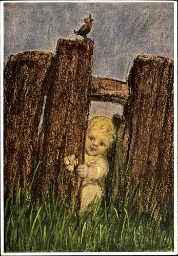 Künstler Ak Spötl, Maria, Kind schaut durch kaputten Zaun