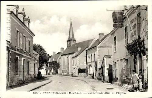 Ak Pellouailles Maine et Loire, La Grande Rue et l'Eglise