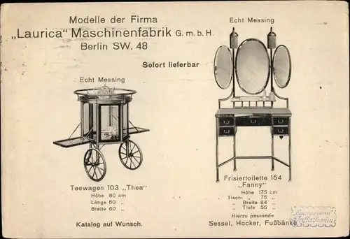 Ak Reklame, Metallmöbel, Teewagen, Frisiertoilette, Laurica Maschinenfabrik GmbH, Friedrichstraße 16