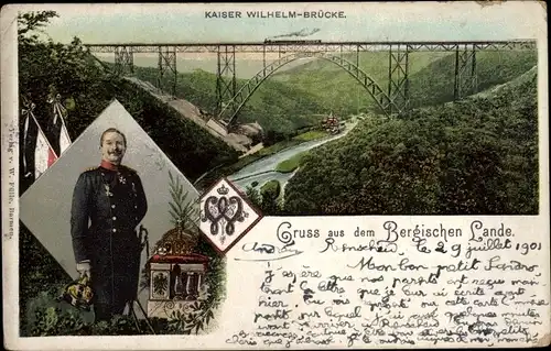 Ak Solingen in Nordrhein Westfalen, Blick auf die Kaiser Wilhelm Brücke, Wilhelm II, Portrait