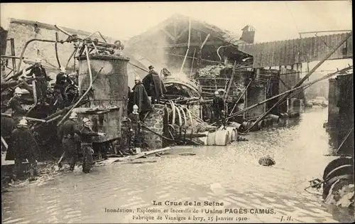 Ak Paris V, Crue de la Seine 1910, Inondation, Explosion et Incendie de l'Usine Pagès Camus