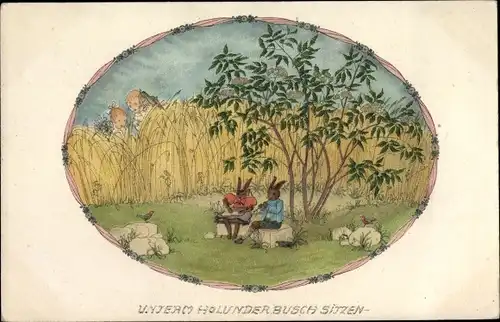 Künstler Ak Köhler, Mela, Unterm Holunderbusch sitzen zwei Hasen