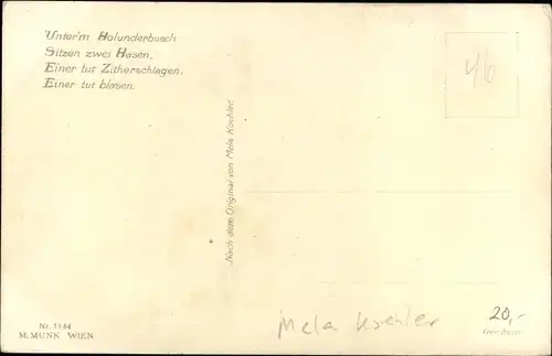 Künstler Ak Köhler, Mela, Unterm Holunderbusch sitzen zwei Hasen