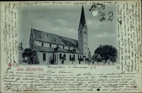 Mondschein Ak Kempten im Allgäu Schwaben, Protestantische Kirche