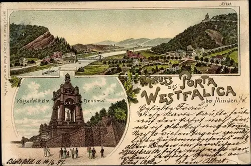Litho Porta Westfalica in Nordrhein Westfalen, Denkmal Kaiser Wilhelm I., Panorama