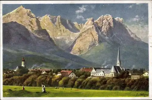 Künstler Ak Hofmann, H., Garmisch Partenkirchen in Oberbayern, Wettersteingebirge, Waxenstein