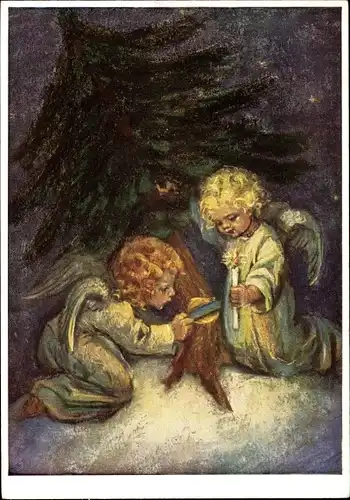 Künstler Ak Spötl, Maria, Glückwunsch Weihnachten, Weihnachtszeit, Engel fällen einen Tannenbaum
