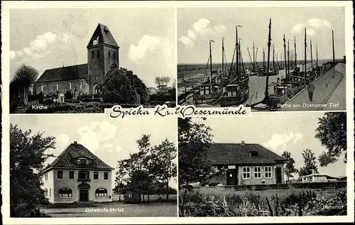 Ak Spieka Wurster Nordseeküste, Dornumer Tief, Kirche, Bahnhofshotel, Bahnhof