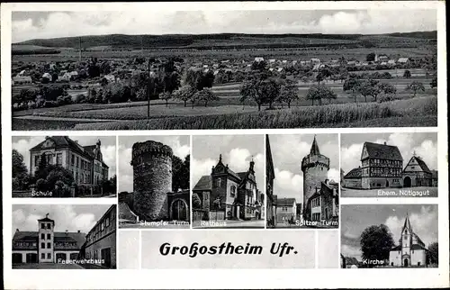 Ak Großostheim Unterfranken, Gesamtansicht, Rathaus Stumpfer Turm, Kirche, Spitzer Turm, Schule