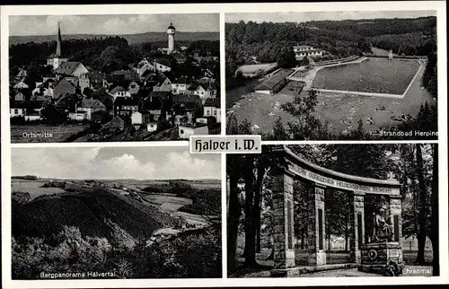 Ak Halver in Westfalen, Strandbad Herpine, Bergpanorama Hälvertal, Ehrenmal, Blick auf den Ort