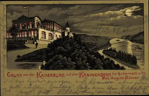Mondschein Litho Andernach am Rhein, Kaiserburg, Krahnenberg