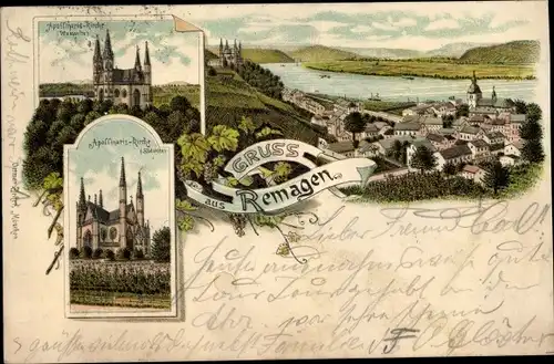 Litho  Remagen am Rhein, Panorama, Apollinaris Kirche