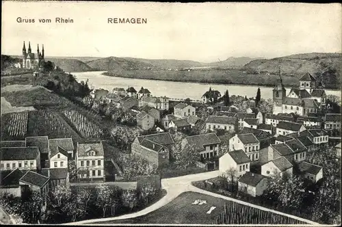 Ak Remagen im Kreis Ahrweiler, Blick auf den Ort, Kirche, Fluss, Häuser