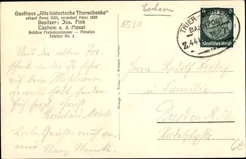 Ak Cochem an der Mosel, Thorschenke, J. Fink