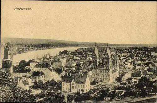 Ak Andernach im Landkreis Mayen Koblenz, Blick auf den Ort, Kirche, Fluss