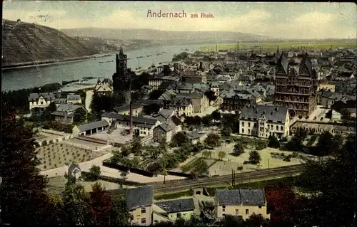 Ak Andernach im Landkreis Mayen Koblenz, Blick auf den Ort, Kirche, Fluss