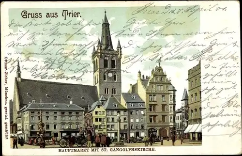 Litho Trier an der Mosel, Hauptmarkt, St. Gangolphskirche