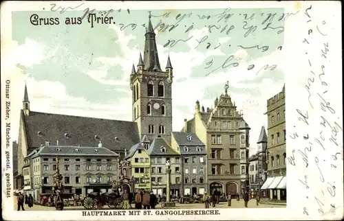 Litho Trier an der Mosel, Hauptmarkt, St. Gangolphskirche
