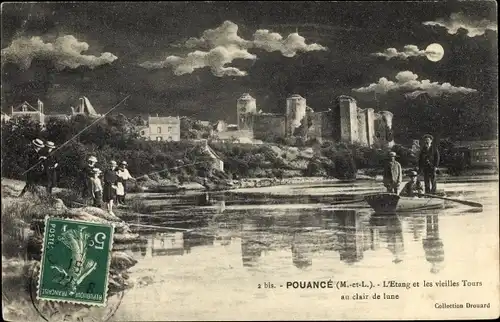 Mondschein Ak Pouancé Maine et Loire, L'Etang et les vieilles Tours au clair de lune