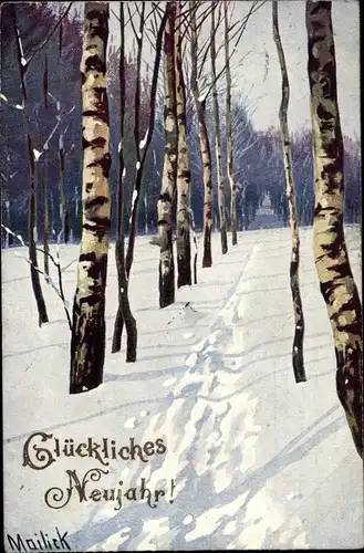 Künstler Ak Mailick, Glückwunsch Neujahr, Winterlandschaft mit Birken