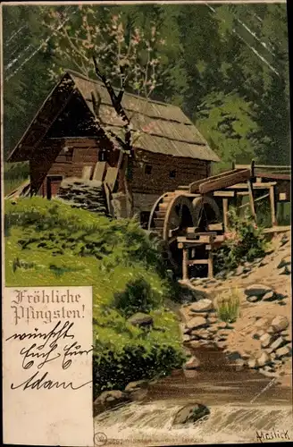 Künstler Litho Mailick, Glückwunsch Pfingsten, Wassermühle, Frühlingsidylle