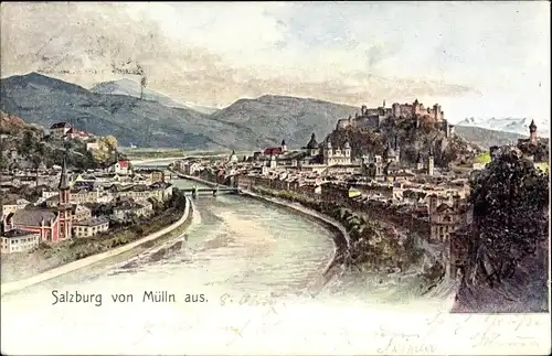 Litho Salzburg in Österreich, Stadtpanorama von Mülln aus