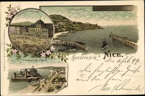 Litho Nice Nizza Alpes Maritimes, Entrée du Port, Casino Municipal, Promenade des Anglais