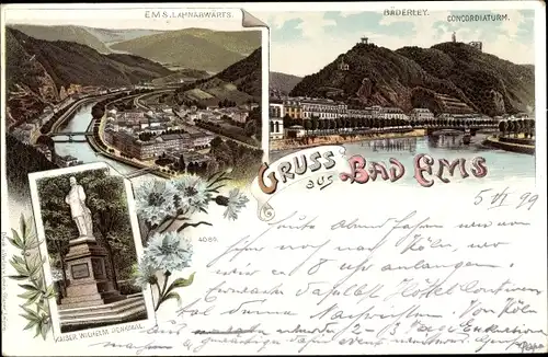 Litho Bad Ems an der Lahn, Bäderley, Concordiaturm, Kaiser Wilhelm Denkmal