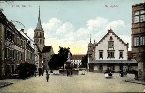 Ak Soultz Sulz Elsass Haut Rhin, Marktplatz, Kirche, Gasthof