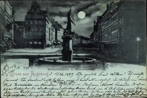 Mondschein Ak Augsburg in Schwaben, Merkurbrunnen, Maximilianstraße