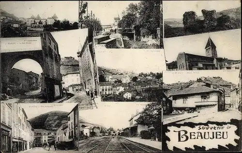 Ak Beaujeu Rhône, La Gare, Eglise, Vue générale