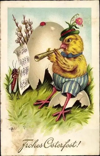 Ak Glückwunsch Ostern, Vermenschlichtes Küken, Osterei, Grille