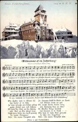 Lied Ak Vogel, Wilhelm, Oberwiesenthal, Wilkumme of en Fichtelbarg, Fichtelberghaus