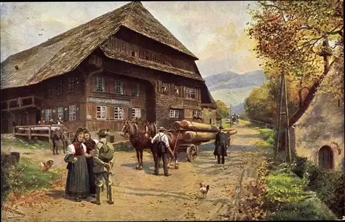 Künstler Ak Hoffmann, H., Buchenbach Schwarzwald, Gasthaus zum Himmelreich, Damen, Tracht, Holzfuhre