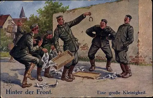 Künstler Ak Thiele, Arthur, Deutsche Soldaten, Eine große Kleinigkeit, Paket, Hinter der Front