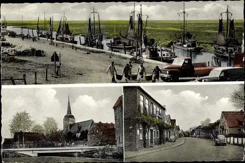 Ak Nordseebad Wremen Wurster Nordseeküste, Hafenpartie, Kirche, Straßenansicht