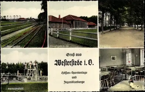 Ak Westerstede in Oldenburg Ammerland, Freibad, Sportplatz, Hauptgebäude, Jugendherberge
