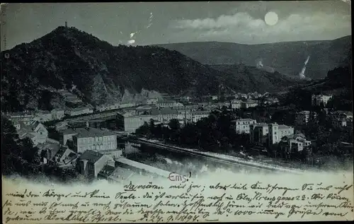 Mondschein Ak Bad Ems an der Lahn, Panorama bei Nacht