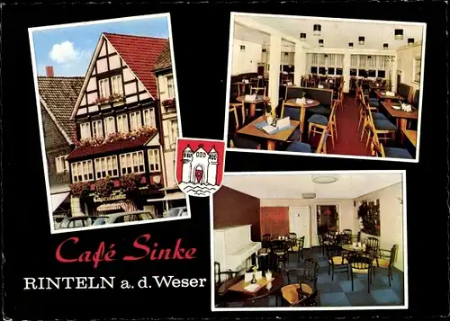 Ak Rinteln an der Weser, Café Sinke, Aussen- und Innenansicht, Wappen