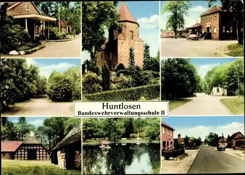 Ak Huntlosen Großenkneten in Oldenburg, Bundeswehrverwaltungsschule II, Kirche, See, Detailansichten