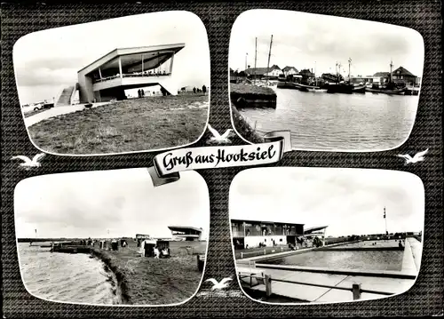 Ak Hooksiel Wangerland Friesland, Strand, Freibad, Hafen, Gebäude