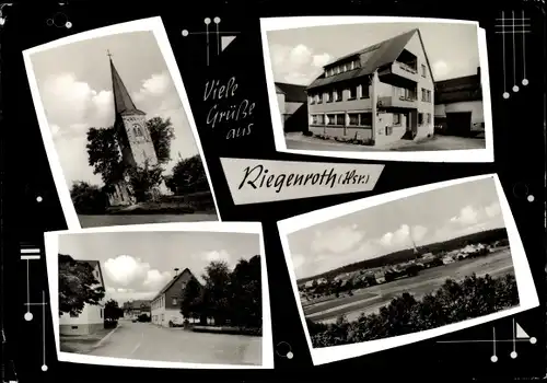 Ak Riegenroth im Hunsrück, Kirche, Pension Hubert Schmitt, Straßenpartie, Gesamtansicht